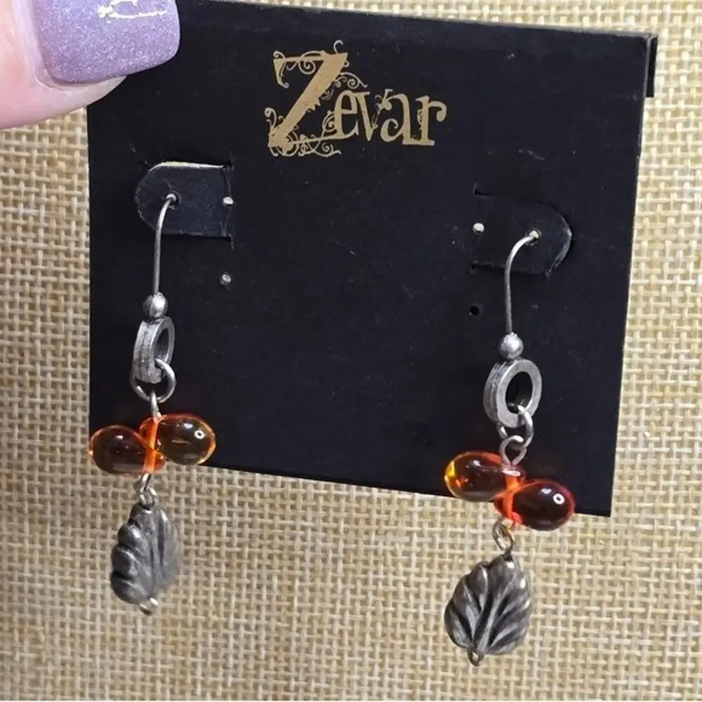TreskA Zevar Amber Glass Bead Silver Tone Leaf Drop Earrings Bohemian Dangle